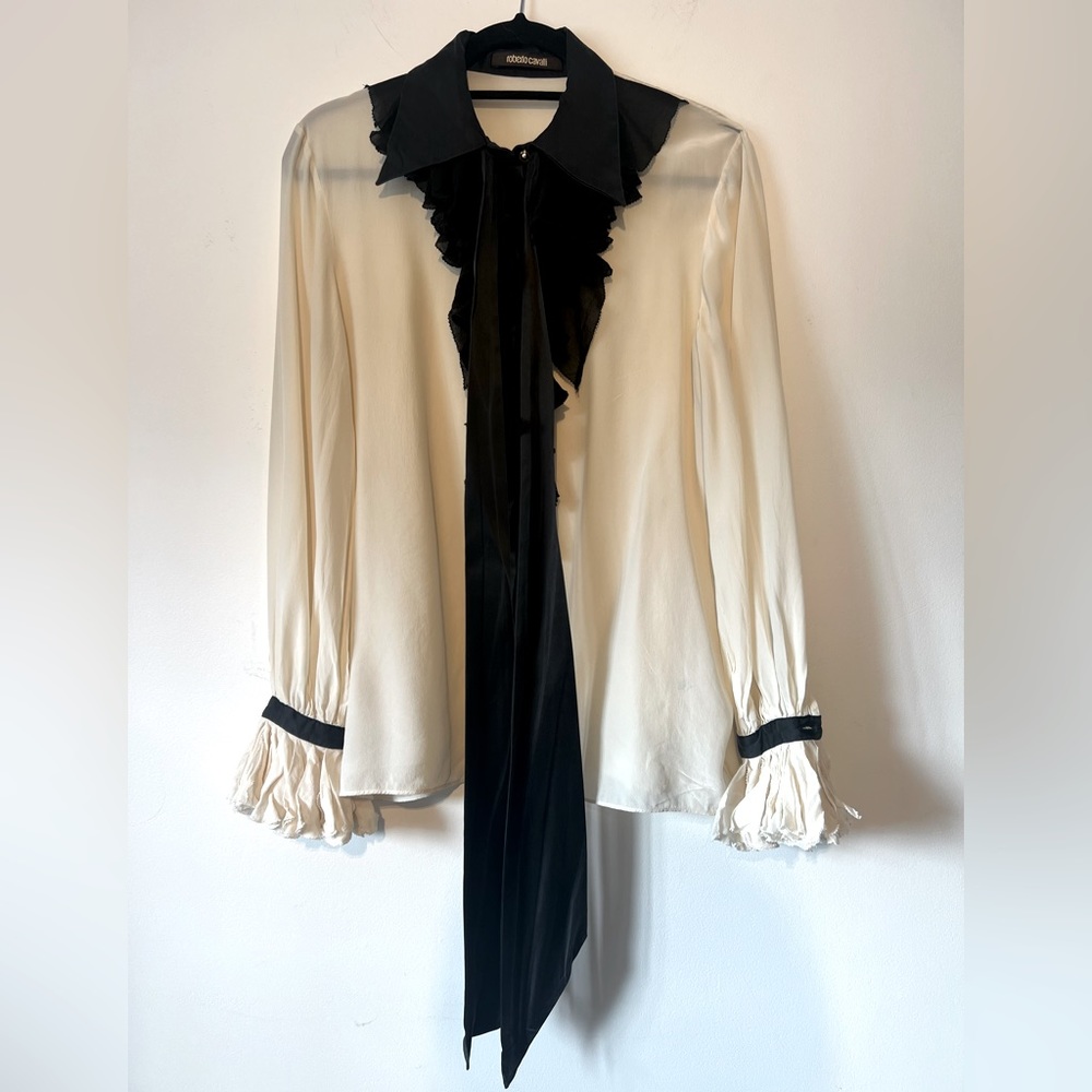 Vintage Roberto Cavalli Soft Cream Ruffled Silk Blouse w/Puff Sleeves Size 42
